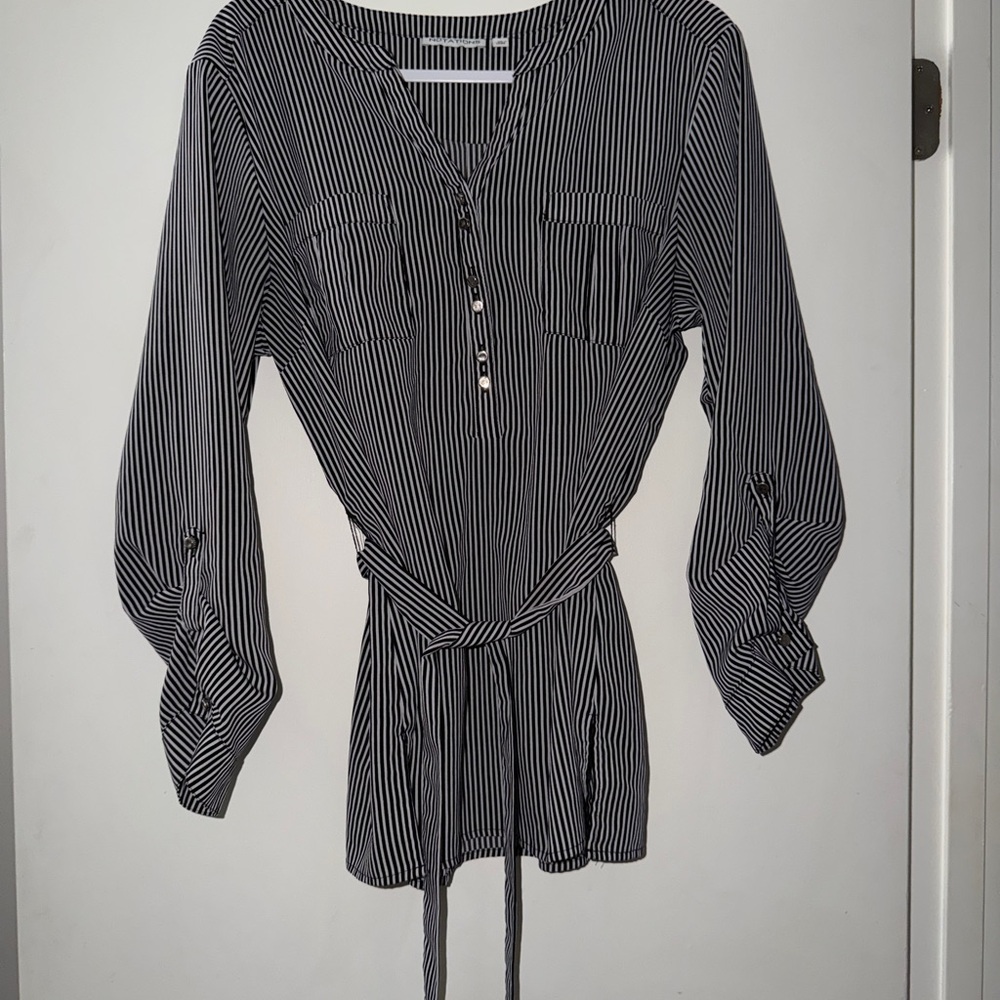 Notations Black White Striped Belted Blouse XL Roll Tab Sleeve